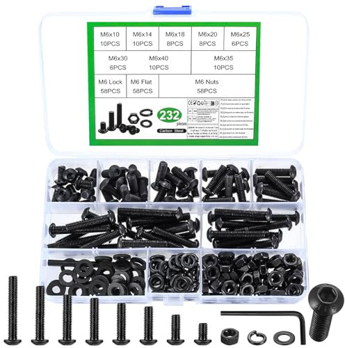 Tornillos M6, 232 Pcs Tornillos y Tuercas y Arandelas Kit, Tornillos de Cabeza Hueca Hexagonales, Tornillería Tornillos de Cabeza Cilíndrica con Tuercas Negros, Tornillos de Cabeza Allen(M6)