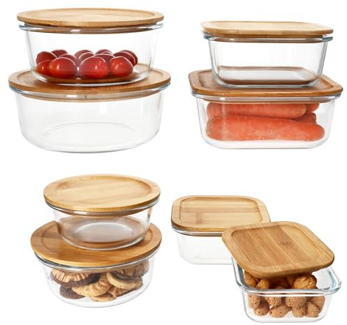Ritzenhoff & Breker Esperanza Lot de 8 boîtes de conservation en verre avec couvercle en bois I Boîtes rondes et carrées de 300 ml à 1,25 l I Couvercle en bambou avec bol en verre I Récipient à