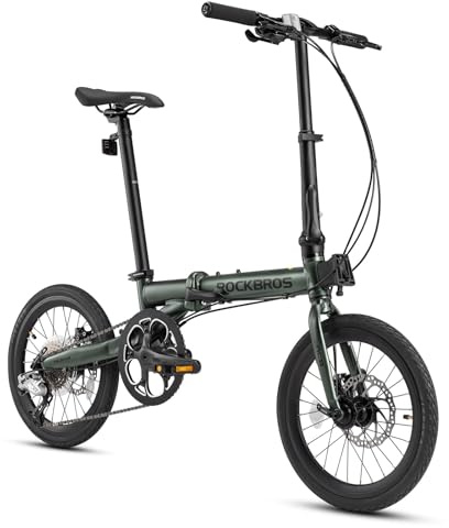 ROCKBROS Vélo Pliant 16 , Vélos 9 Vitesse Frein à Disques, Cadre en Aluminium Pliable et Portable pour Adulte Vert