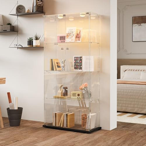 JiaOyu Vetrina In Vetro Con Illuminazione A Led, Vetrina Con Serratura, Vetrina In Vetro Antipolvere Per Collezioni, Per Soggiorno, Camera Da Letto, Ufficio (Nero+Led+2 Porte, 4 Livelli)
