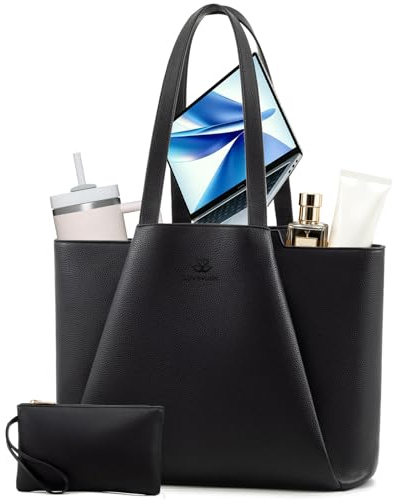LOVEVOOK Laptop Bags for Women, 15.6 inch Handbags Tote Bags with Compartments, PU Leather Shoulder Work Bag Ladies Handbags with Purse for College Office Business Shopping, Black