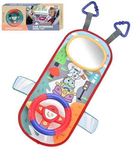 Porgeel Rear Facing Car Seat Toys, 360° Rotation Baby Steering Wheel Toy with Mirror, Music, Lights and Driving Sounds, 12 Months+ Kids Steering Wheel for Car Backseat, Red