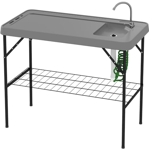 Reliable Foldable Fish-Cleaning Surface with Built-in Sink, Faucet, Drainage Hose, Spray Gun, Removable Shelf, Medium Gray