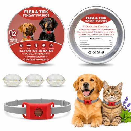 Collier Anti Puces et Tiques pour Chien et Chat, Pendentif Répulsif aux Huiles Essentielles, Silicone Réglable, avec Capsules Remplaçables, Étanche et Durable (Rouge)