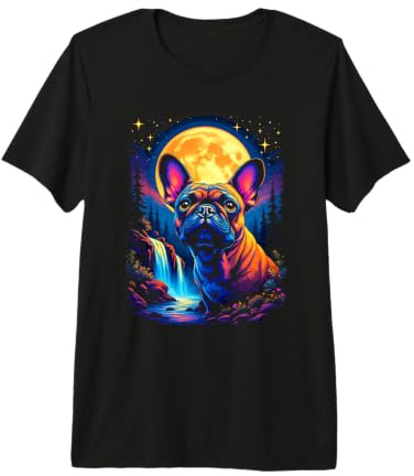 Bouledogue français Vibrant avec Lune Cosmique et Cascade T-Shirt Haut de Gamme