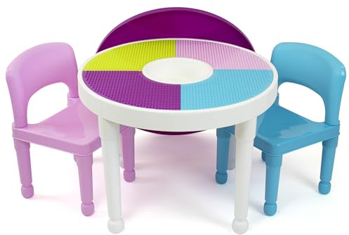 Humble Crew, White/Blue/Pink Kids 2-in-1 Plastic Building Blocks-Compatible Activity Table and 2 Chairs Set, Light Colors