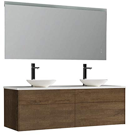 StoneArt Badmöbel-Set Mineralguss Waschtisch Waschbecken Waschschale Aufsatzwaschbecken Unterschrank und LED Spiegel dimmbar Anti-Beschlag-Funktion Venice VE-1600pro-2 Eiche dunkel 160cm