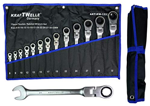 Kraftwelle Giunto - Chiave a cricchetto ad anello, 13 pezzi, 8-32 mm, con cricchetto, incluso robusto sacchetto di stoffa per officina