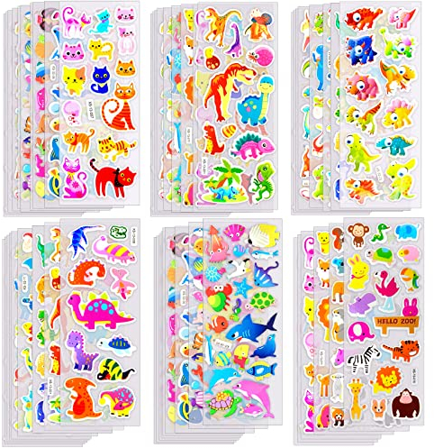 OWill 3D Aufkleber für Kinder & Kleinkinder,40 Blätter 1000+ Verschiedene 3D Puffy Sticker Set,für Belohnung Geschenke Scrapbooking,inkl Tiere,Liebe,Sterne,Dinosaurier Autos usw