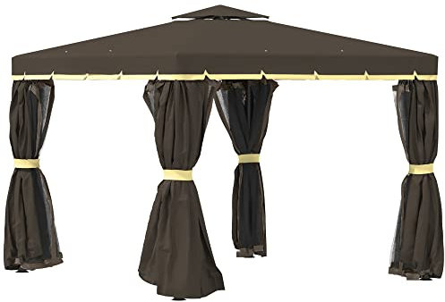 Outsunny Cenador de Jardín 3x3m Pabellón de Aluminio Exterior con Doble Techo de Ventilación 4 Cortinas Laterales y 4 Mosquiteras con Cremallera Gazebo para Fiestas Eventos Patio Café
