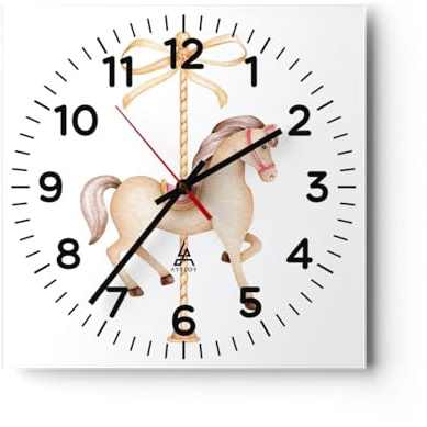 Moderno Reloj de Pared Caballo Tiovivo De Niña 40x40cm Decoracion Reloj de Vidrio Cocina Salon Oficina Comedor Reloj Decorativo Silencioso Art Wall Clock Decor Decorativo para el Hogar C4AC40x40-5593