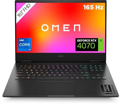 HP Omen Gaming Laptop, 16,1 FHD 165 Hz IPS-Display, Intel Core i7-14700HX, 32GB DDR5 RAM, 1TB SSD, NVIDIA GeForce RTX 4070 (8GB), Windows 11, QWERTZ, Schwarz