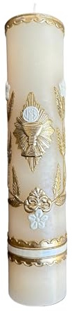 San rafael Arcangel First Holy Communion Candle with The Image of The Holy Grail and Jesus Veladora de Primera Comunion Cirio Catolico de 8 inch