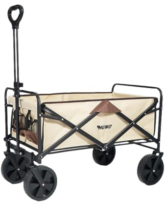 MUWO Faltbarer Bollerwagen 90 x 52 x 55 cm, Handwagen für bequemen Transport mit bis zu 100 Liter Volumen, belastbar bis 110 kg und 360° drehbaren Vorderreifen (Braun/Beige)