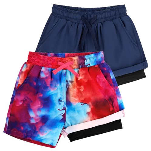 LACOFIA 2 Piezas Bañador Niños 2 en 1 Pantalones Cortos Playa/Piscina con Forro de Compresión Ropa de Baño para Niño Short de Natación con Cintura Elástica Azul Marino+Rojo 5-6 años