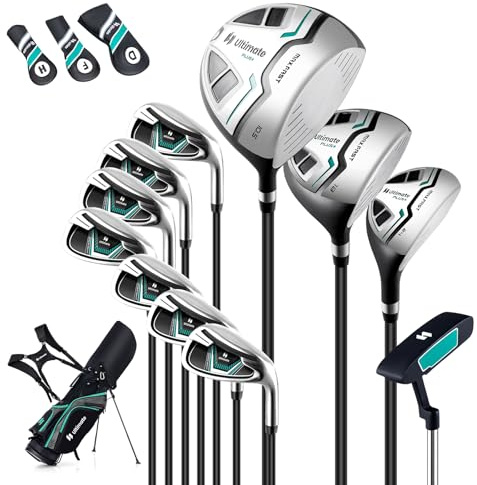 GYMAX Juego Completo de Palos de Golf para Hombres, Diestros con 460CC #1 Driver, #3 Fairway, #5 Híbrido, #5, #6, #7, #8, #9, #P, #S Hierro, Putter, 3 Fundas para Cabezales, Bolsa con Soporte (Verde)