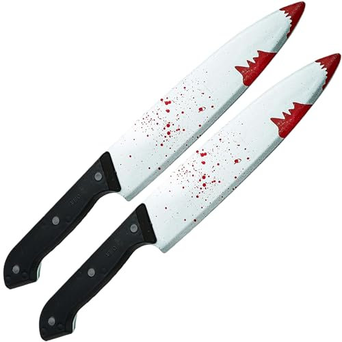 2 x Coltello Finto per Travestimento Halloween, Accessori Costumi Spaventosi - 2 Coltelli con Sangue Finto da Zombie, Coltelli di Plastica da 30 cm, Arma Finta, Coltello Gioco, Accessorio Scenico