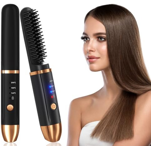 Brosse Lissante Sans Fil Chauffante - Ionique Négatifs, Peigne Lissant Rechargeable, Mini Portable pour Voyage