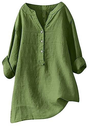 Chemise Femme Lin Chemisier Coton Et Lin pour Femmes Col en V Bouton Manches Longues Tops Couleur Unie LâChe Respirant T-Shirts Grande Taille Pas Casual Tunique Blouse