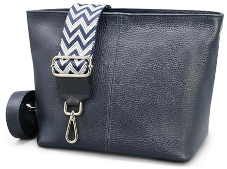 Brise Art Umhängetasche Damen Echtes Leder BENI Handgemachte Crossbody Bag mit Ledergurt + Optionalen Breiten Gemusterten Riemen 4 Fächer Wasserdichte Schultertasche Made in Italy (Navyblau 2)