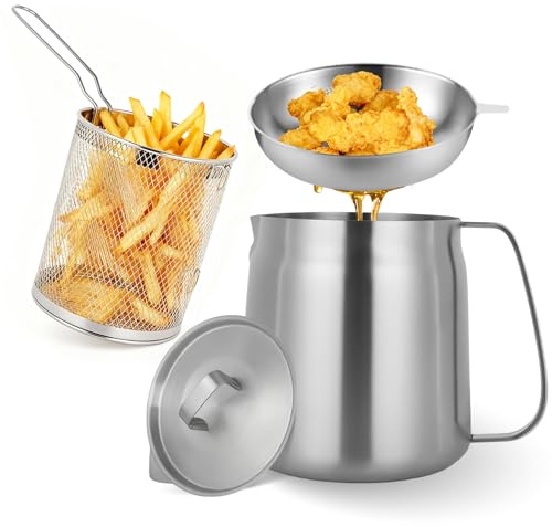 119oz Stainless Steel Deep Fryer Pot with Basket and Oil Strainer, Multifunctional Deep Frying, Small Stove Top deep fry for Kitchen and Camping, Steel Pour Pot for French Fries, Chicken (3.5L)
