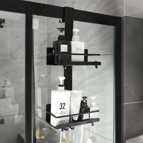 Trlyane Etagere Douche à Suspendre, Etagere Salle de Bain sans Percage pour Le Gel Douche et Le Shampooing Serviette (Noir - 2 Couches)