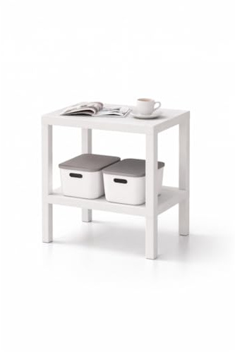 sugodesign OMBEG Mesa auxiliar multiusos de 2 niveles, mesa de noche, rectangular, de plástico resistente al agua, capacidad de carga 10 kg por estante, para baño, cocina, balcón, dormitorio (blanco)