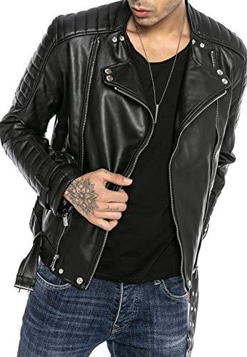 Redbridge Herren Jacke Bikerjacke Kunst- Lederjacke Classic Biker Vintage Cut mit Gürtel M6072 Schwarz XXL