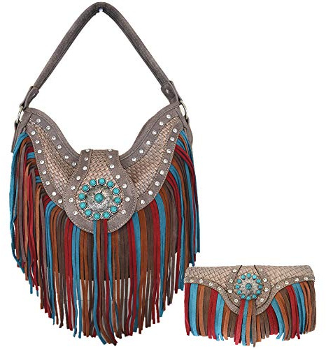 Western Style Fringe Conchos Gem Rhinestone Studded Woven Leather Purse Country Handbag Women Shoulder Bag Wallet Set, #3 Taupe Set, L