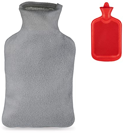 Relaxdays Wärmflasche mit Bezug, Flauschige Kuschelwärmeflasche, 1,5L Bettflasche, geruchsneutraler Naturgummi, grau/rot