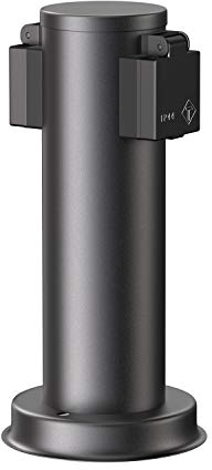 ledscom.de Garten Steckdosensäule PORU für außen, IP44, 2-Fach, Edelstahl, schwarz, rund, 27 cm