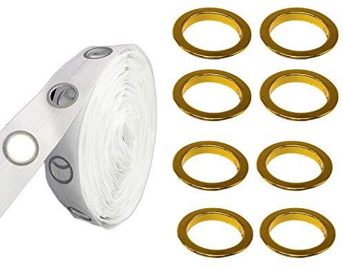 Weddecor Blanco Cinta para Cortinas Con 40mm Plástico Ojales Paños Deslizar Anillos Para Habitación, Puertas Windows, & Mochila Agujero - Oro, 2 Metres Tape + 16pcs Eyelets