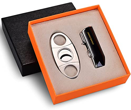 CIGARLOONG Zigarrenschneider und Feuerzeug Set Doppelklinge Einfache Zigarren Guillotine und 3 Jet Torch Blue Flames Nachfüllbares Feuerzeug(Schwarz)