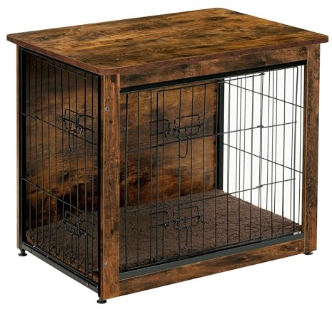 DWANTON Dog Crate Furniture with Cushion, Wooden Kennel Table with Double Doors, Indoor Dog House, Small/Medium/Large/Extra Large Size, 27.2 L, Rustic Brown