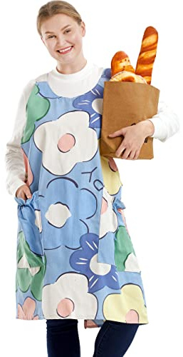 Big Plus Size Aprons for Women with Pockets Cotton Linen Baking Kitchen Cooking Poached Egg Flowers