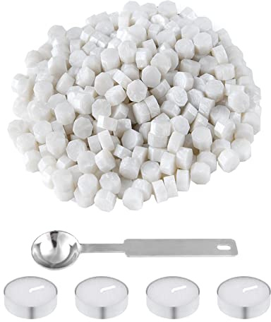 NACHLYNN 600 Pcs Octagon Sealing Wax Beads White Wax Seal Beads with 1 Melting Spoon and 4 Pcs Tea Candles for Letter Greeting Cards Wine Sealing Crafts