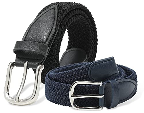 AWAYTR Kids Elastic Braided Belt - Pin Buckle Stretch Golf Baseball Belts for Boys and Girls Aged 4-12 Years, Black+navy Blue, Fit Waist: 24-30 (Rec 7-12yrs)