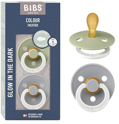 BIBS Colour Symmetrical Glow Soother 2-Pack, BPA Free Dummy Pacifier, Symmetrical Nipple. Natural Rubber Latex, Made in Denmark. Str. 1, Sage Glow/Cloud Glow