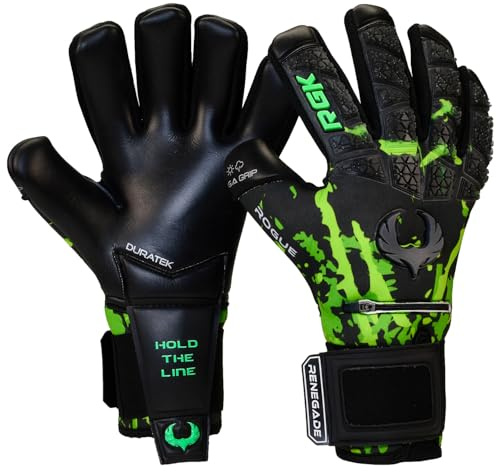 Renegade GK Limited Edition Rogue Venom Goalie Gloves with Finger Spines | 4mm Giga Grip | Black & Green Soccer Goalkeeper Gloves (Size 7, Youth, Neg. Cut, Level 4+)