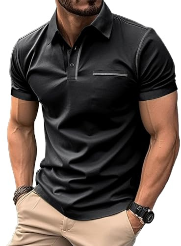 MakingDa Herr Slim Fit Kortärmad pikétröja stretch lätt enkel krage skjortor atletisk absorberande andningsbar arbete golf promenad klassisk mjuk sommar t-shirt topp, Svart, XXL