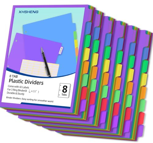 Binder Dividers for 3 Ring Binder,8 Tab Plastic File Dividers, Multicolor,Pack of 6sets(48 Dividers Total)