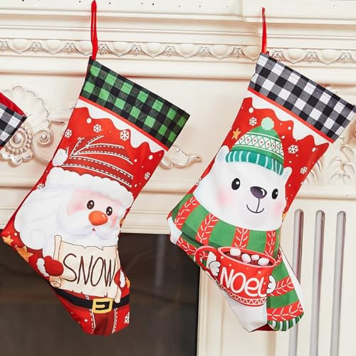 MHwan Nikolausstrumpf, 2 Stück Große Süße Weiße Bären, die Tee Trinken, und Weihnachtsmann, Weihnachtsstrumpf, 37 x 26 cm, Mit Klaren Mustern, Helle und Warme Dekorationen für Kamine, Weihnachtsbäume