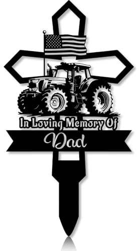 Personalized Memorial Garden Stake, Tractor with US Flag Patriotic Farmer Cross Grave Marker, 8-24 inches, Farmer Memorial Gift, Sympathy Gifts for Loss of Loved One (Style 17)