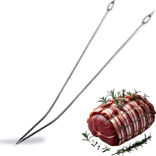 Kerafactum Spicknadel Set 2 Stück gebogen | Bratennadel Dressiernadel Nadel 20 cm Edelstahl Lardiernadel großes Aufnahmefeld für Speckstreifen | Ø3 mm Perfekt Bardieren Spicken von Fleisch & Braten