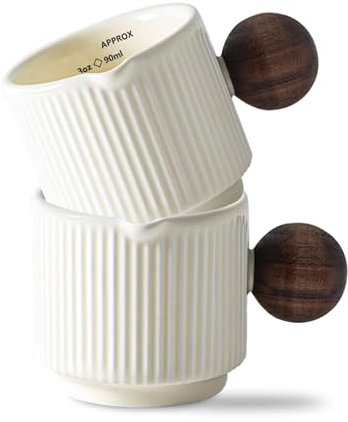 INSETLAN Juego de 2 tazas medidoras de café expreso de cerámica, 90 ml, con asa, paredes gruesas, cerámica duradera y resistente al calor, doble vaso medidor para café, leche, líquido (blanco)
