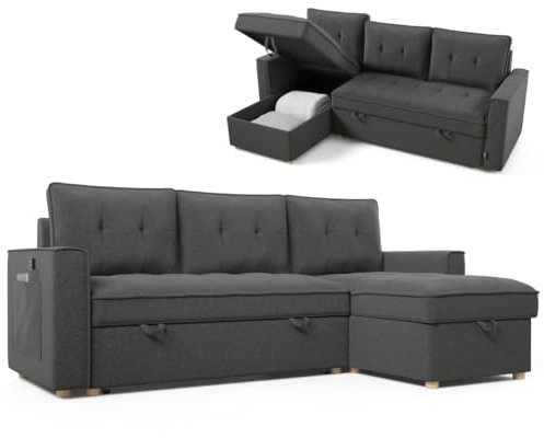 Nalui - Sofa Cama Chaise Longue Haven 213x129x81cm Reversible con Arcón de 127,6L. Sofa de Salon 3 Plazas Convertible en Cama de 122 x 190 cm. Incluye Bolsillos y Tejido 360º, Gris Oscuro