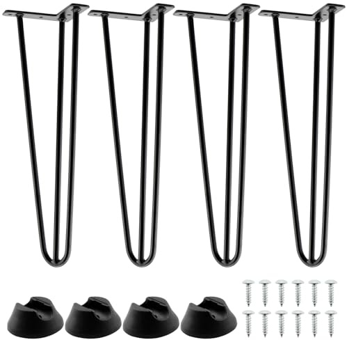 ZEONHEI Lot de 4 Pieds de Table en Épingle à Cheveux 40 cm - Métal Noir - 3 Barres - Support 80-120 kg - avec 4 Protections de Sol et 16 Vis - pour Bureau, Table à Manger, Table Basse, Meuble