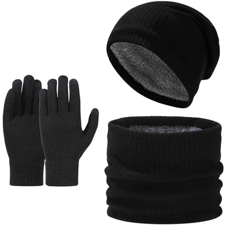 Winter Hat Scarf Gloves Set - Thermal Warm Knitted Beanie Cap Circle Neck Warmer Glove Outdoor Sports Unisex for Women Men Winter Outdoor Sports, Super Soft Fleece Inner Lining Stretchy Elastic