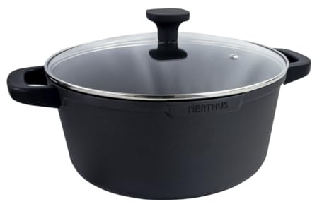 Nerthus FIH 1556 cacerola alta de aluminio fundido con revestimiento antiadherente quantanium apta para inducción, gas y vitrocerámica tapa de cristal con válvula y asas de silicona desmontables
