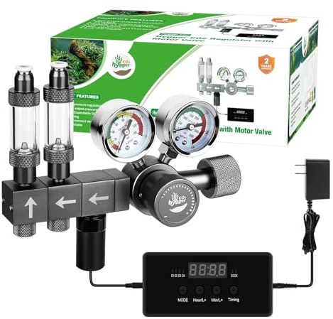 Hygger CO2 Upgraded Aquarium CO2 Regulator with Motorized Valve, Dual Stage Adjustable Pressure, Expandable for Two Tanks, Includes Timer and Bubble Counters for CO2 Aquarium System